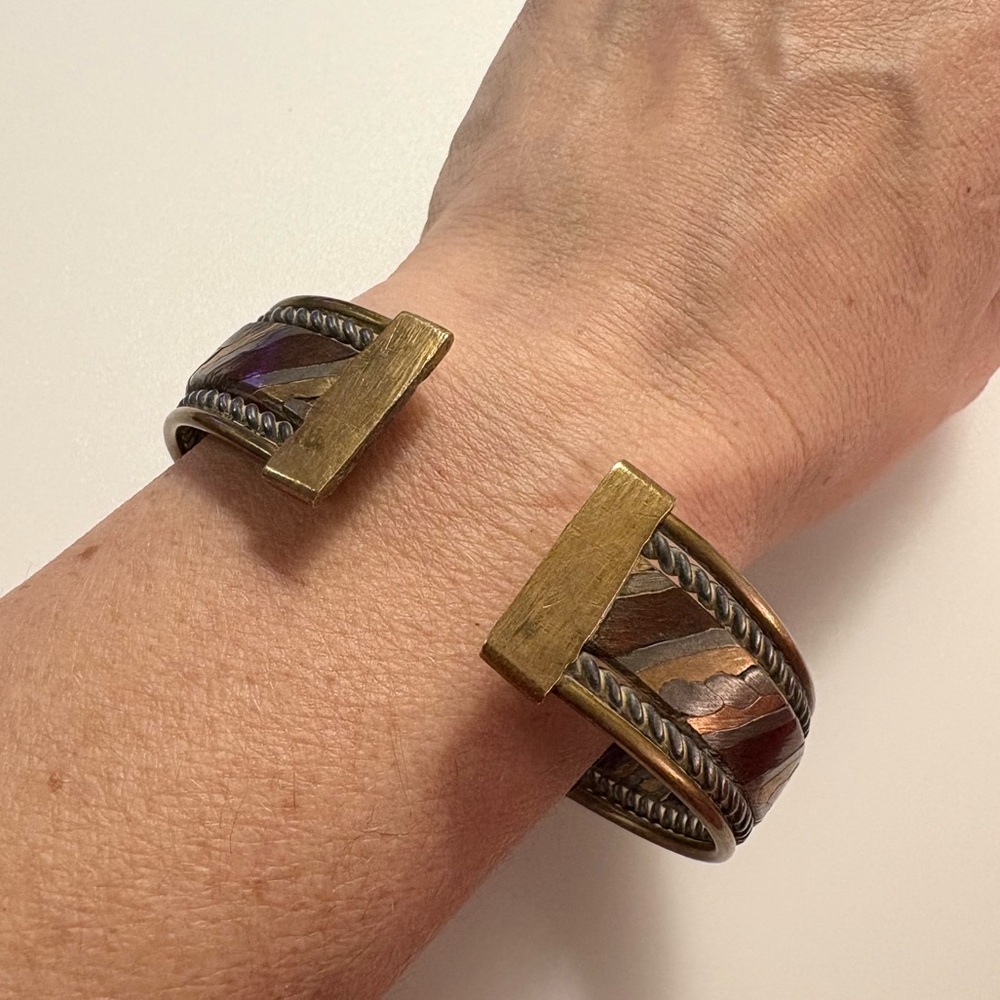 Vintage Mixed Metal Bohemian Copper Brass Silver Tone Cuff Bracelet Bangle - Picture 12 of 16